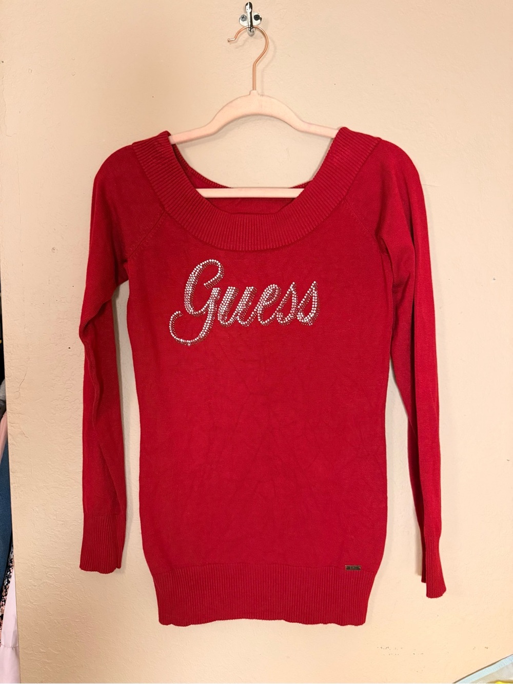 Guess Red Rhinestone Logo Knit Top